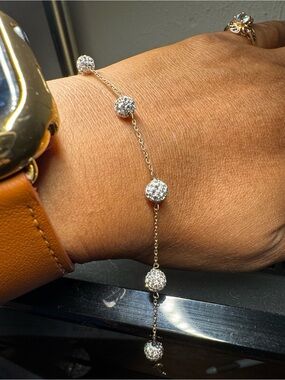 14K Solid Gold Delicate Chain Bracelet with Pavé Crystal Beads